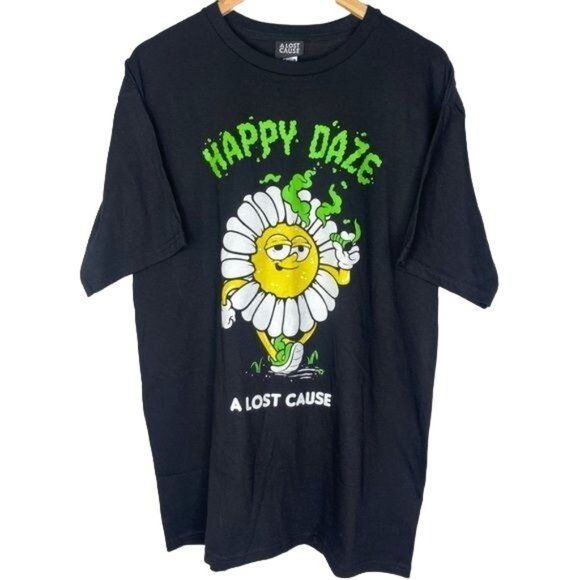 A Lost Cause mens graphic T-shirt Happy Daze flower with Joint black size Large - Picture 1 of 5